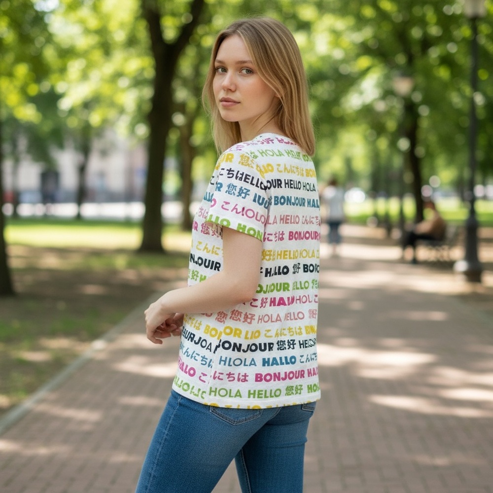 Kate Spade ♠ Broome Street "Hello" Languages Short Sleeved  Size Small